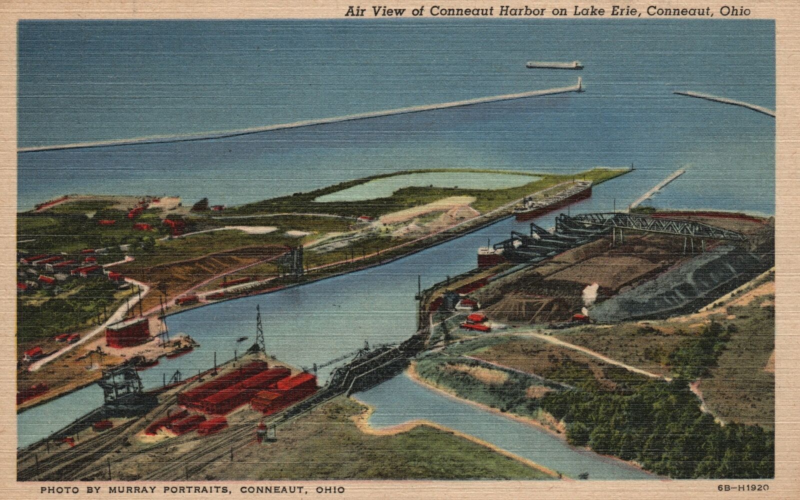 Vintage Postcard 1920's Air View of Conneaut Harbor on Lake Erie