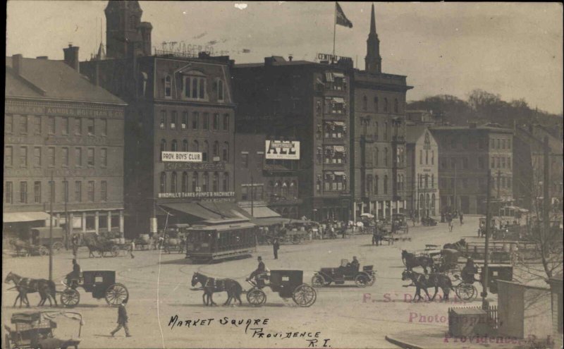 Providence RI Market Square Trolley Horse Wagons Real Photo Postcard c1910