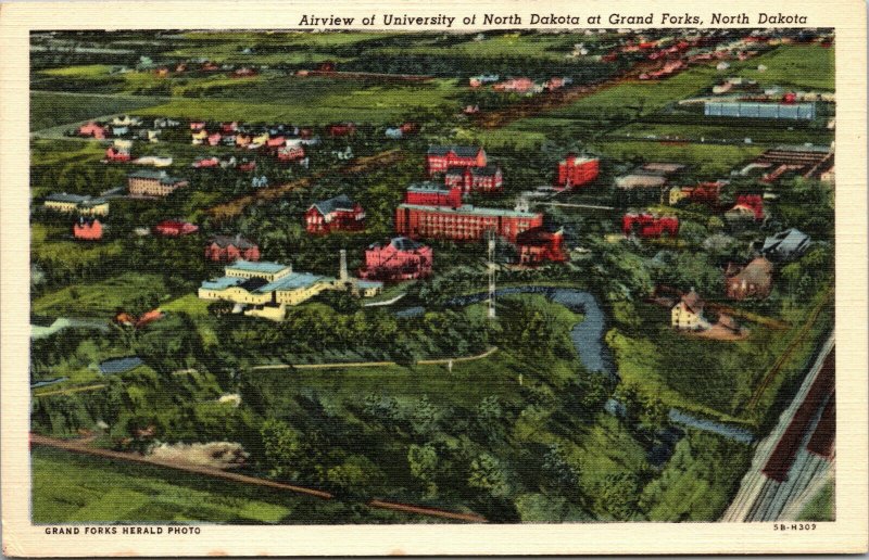 Vtg 1940s Aerial View University Of North Dakota Grand Forks ND Linen Postcard