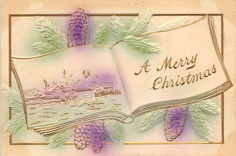 MERRY CHRISTMAS c1910 Embossed Airbrushed Postcard Open Book Pine Cones
