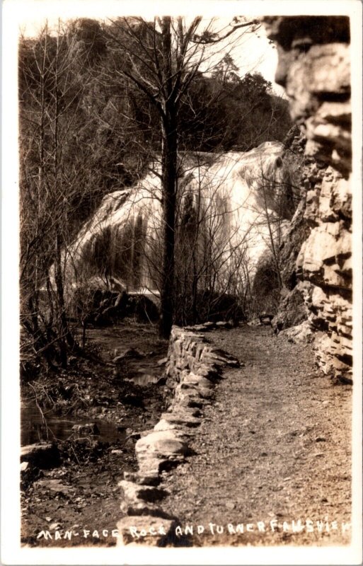 Real Photo Postcard Man Face Rock and Turner Falls in Davis, Oklahoma