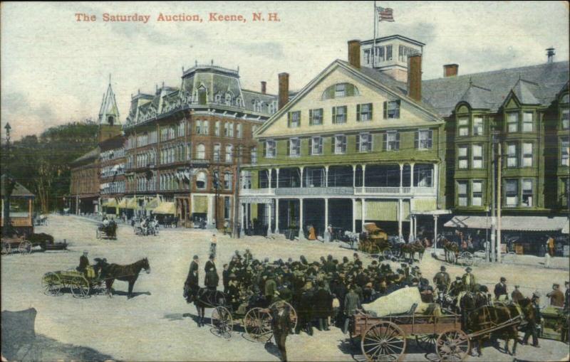 Keene NH Saturday Busy Street Scene Auction c1910 Postcard 