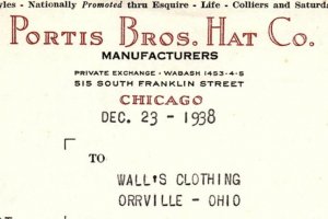 1938 PORTIS BROS HAT CO.  515 S. FRANKLIN ST CHICAGO IL BILLHEAD INVOICE Z1195