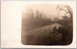 Three Men Walking On The Road Through The Forest Postcard