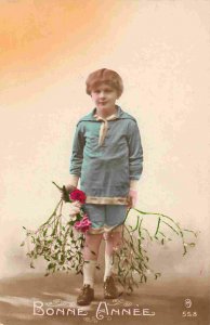 Bonne Annee Boy New Year Greetings Colorized Real Photo 1923 French postcard