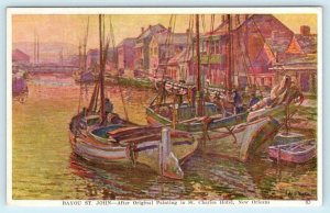NEW ORLEANS, LA ~ Painting at St. Charles Hotel BAYOU ST. JOHN c1920s Postcard