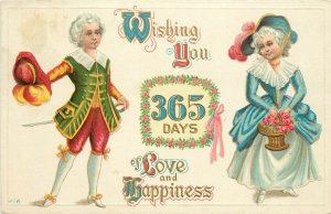 Embossed New Year Postcard 916 Colonial Couple Wishing you 365 Days of Happiness