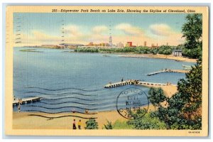 1940 Edgewater Park Beach On Lake Erie Skyline Of Cleveland OH Vintage Postcard 