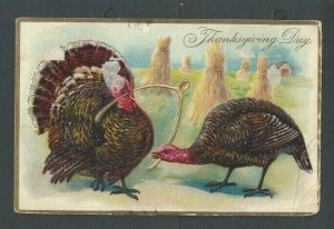 1908 Thanksgiving Greeting W/2 Turkeys & Wish Bone Embossed