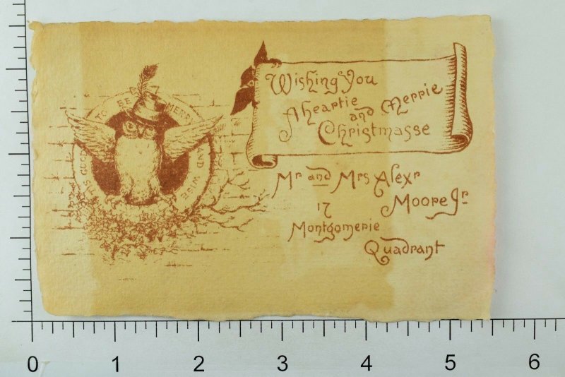 1880's Christmas Card  Parchment-Style Border Owl With Hat, Owl & Scroll &G