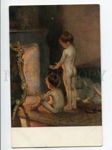 264775 NUDE Young Girls near Fire by PAUL PEEL Vintage PC