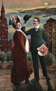 Vintage Postcard 1908 Lovers Couple Dating With Flower Bouquet Sweet Romance