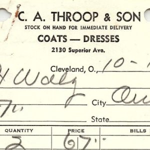 1939 C.A. THROOP & SON COATS-DRESSES CLEVELAND OHIO BILLHEAD STATEMENT Z3438