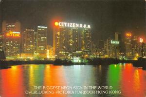 HONG KONG China 1970s Postcard Biggest Neon Sign In World Victoria Harbour