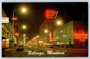 Billings Montana Postcard Night Scene Avenue North Magic City View looking 1960