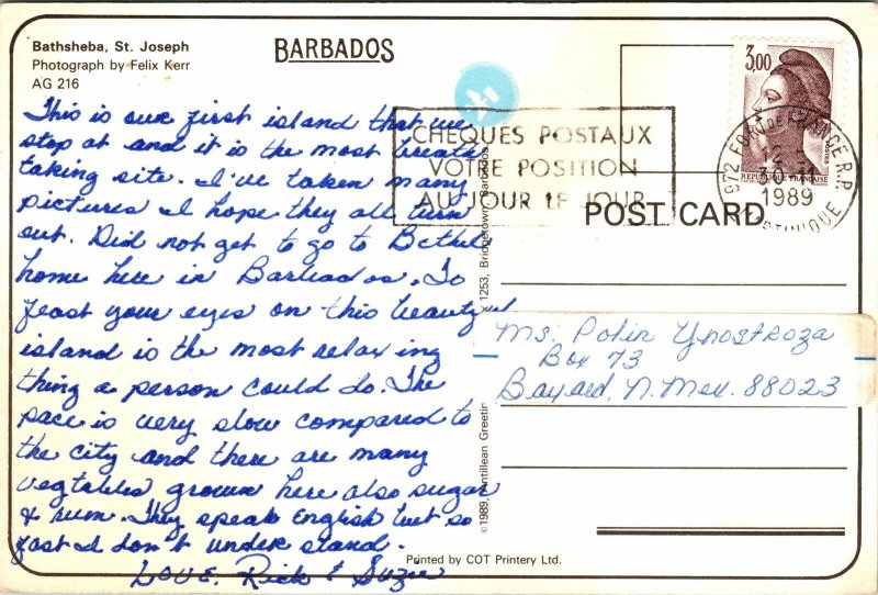 VINTAGE CONTINENTAL SIZE POSTCARD BATHSHEBA ST. JOSEPH BARBADOS