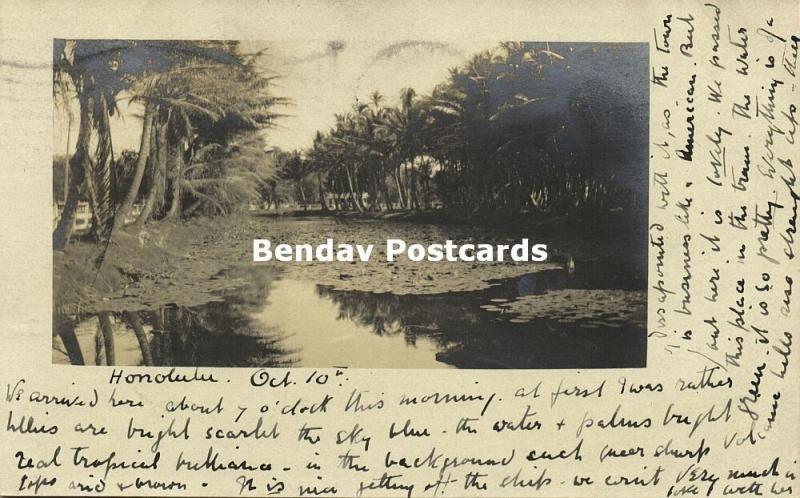 hawaii, HONOLULU, Scene of River or Pond (1908) RPPC Stamps