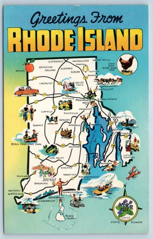 Postcard RI State Map Rhode Island Cities Roads Attractions Vintage P7