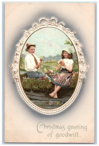 Christmas Postcard Greetings Childrens On Boat With Flowers Embossed c1910's