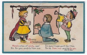 Vintage Christmas Greetings Postcard, Giving a Box of Candy, Signed Ethel DeWees 