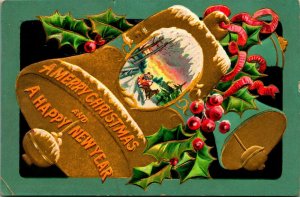 Merry Christmas Bells Holly Happy New Year Embosssed Gilt 1908 Postcard 2-Way