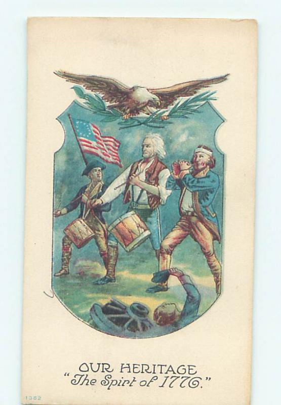 Pre-Linen patriotic EAGLE & USA FLAG - SPIRIT OF 1776 PAINTING POSTCARD HJ2933