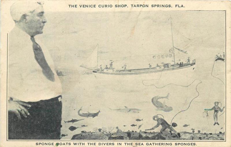 Venice Curio Shop Ads Tarpon Springs sponge boats hard hat diving shark Florida