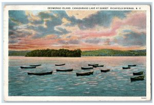 1930 Deowongo Island Canadrago Lake At Sunset Richfield Springs NY Postcard