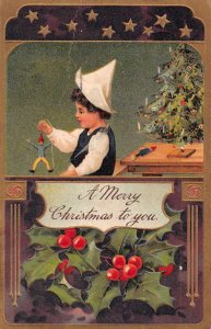 A Merry Christmas to you PFB Boy With Puppet Greeting Vintage Postcard RR796