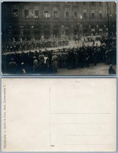 MILITARY PARADE WWI METZ FRANCE ANTIQUE REAL PHOTO RPPC AMERICAN & FRENCH FLAGS