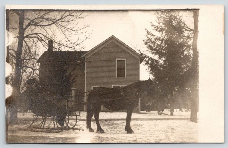 Real Photo Postcard~Horse Drawn Snow Sleigh by Farm House~c1910 RPPC