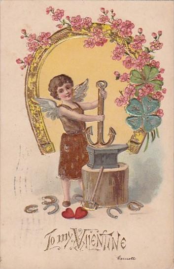 Valentine's Day Cupid With Gold Horseshoe and Anchor 1908 Signed Garnett