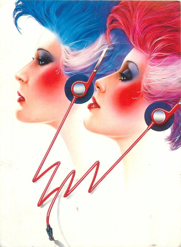 Postcard graphic red and blue wigs stereo headphones