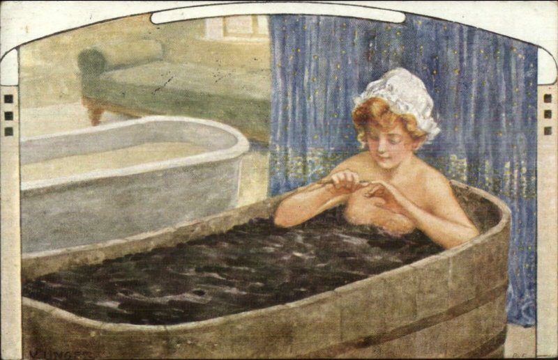 Nude Beautiful Woman Mud Bath Art Nouveau Border UNGER c1910 Postcard