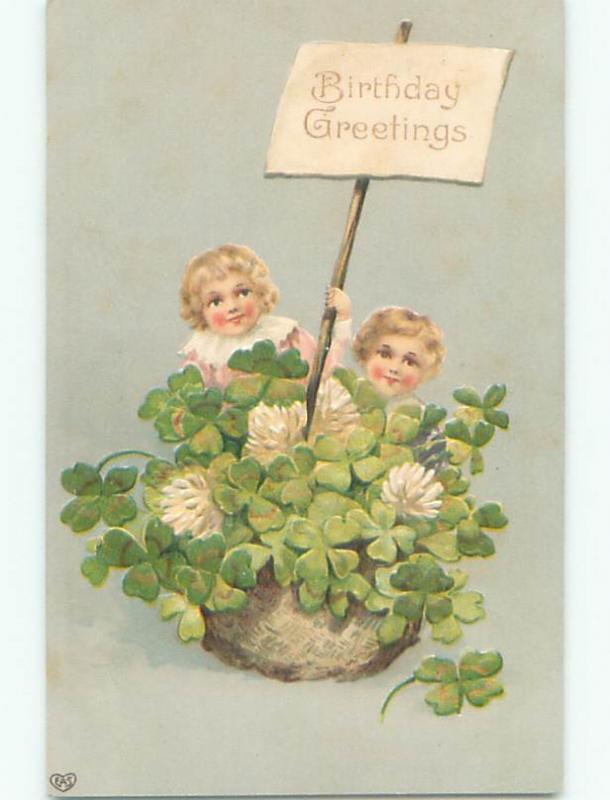 Pre-Linen KIDS SIT IN BASKET OF LUCKY FOR LEAF CLOVERS J3152