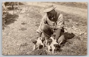 RPPC Attractive Farmer With Darling Puppies on The Farm Real Photo Postcard R30