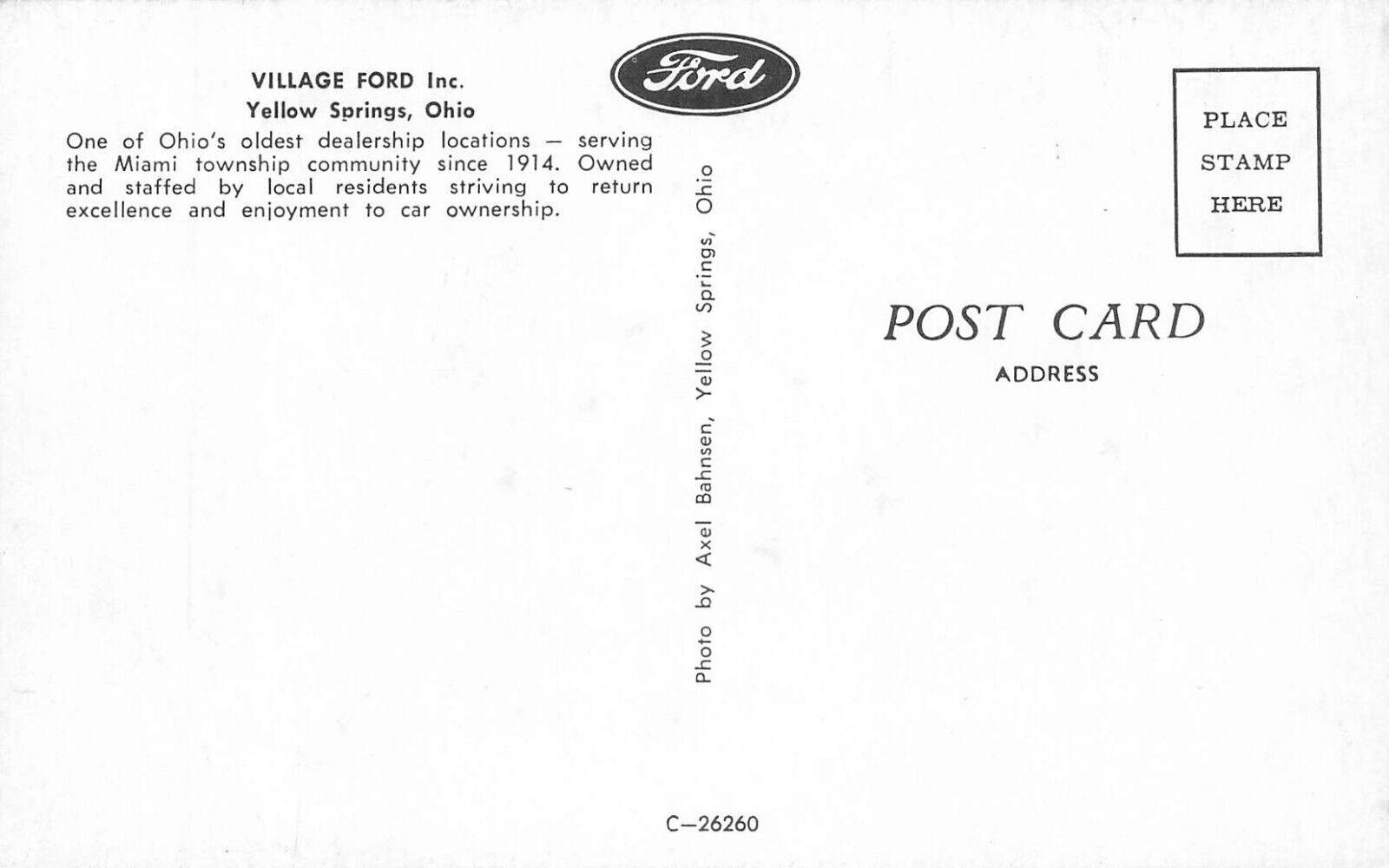 Yellow Springs OH Village Ford Dealership, Postcard United States