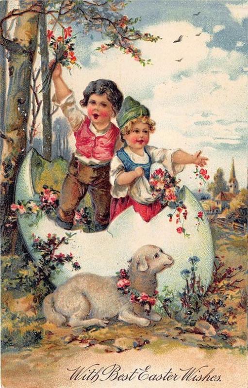 Easter Greetings Girl Boy Egg Shell Sheep PFB Publisher Embossed Postcard