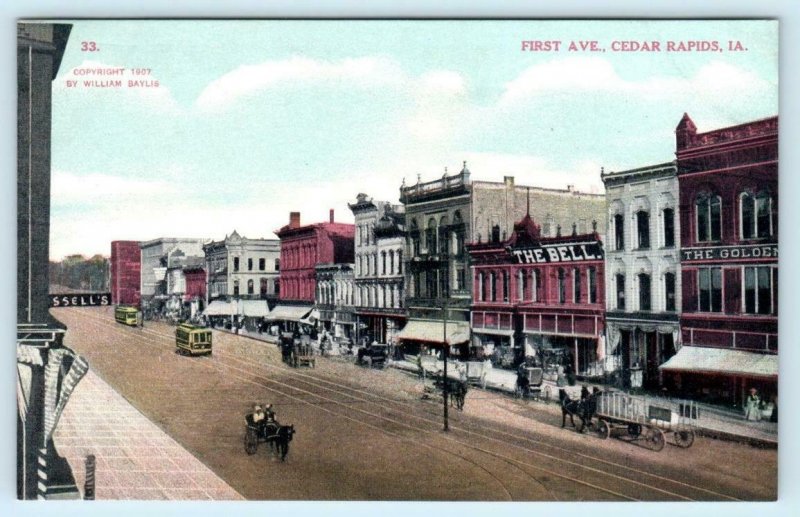 CEDAR RAPIDS, Iowa IA ~ Street Scene FIRST AVENUE Linn County 1907 Postcard