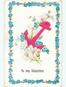 Pre-Linen art nouveau valentine NAUTICAL THEME - EMBOSSED ANCHOR & FLOWERS J0210