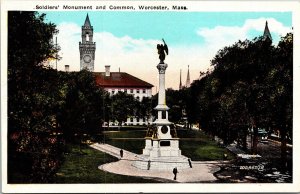 Soldiers Monument Common Worcester Massachusetts MA Clock Tower PPL Postcard UNP 