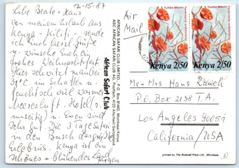 KILIFI, KENYA ~ African Safari Club MNARANI CLUB HOTEL 1987 ~ 4x6 Postcard