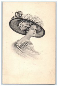 c1910's Pretty Woman Big Hat Flowers Cobb Shinn Signed Posted Antique Postcard