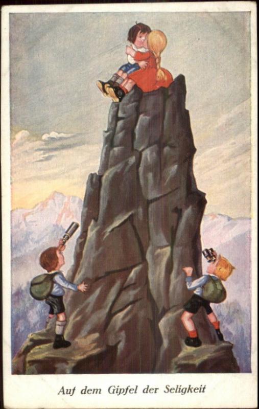 Children Mountain Climbing Romance Kids w/ Binoculars c1910 German Postcard