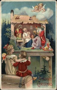 Christmas Children Watching Nativity Play c1910 Vintage Postcard