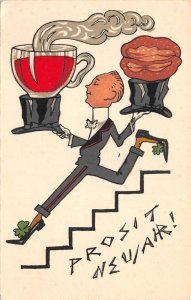 German New Year Greetings Waiter with Food and Drink Vintage Postcard AA74540