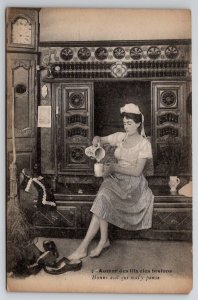 Woman Relaxing Smoking Cigarette And Pouring Drink  Postcard S23