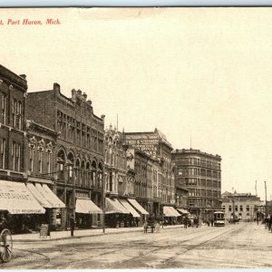 1908 Port Huron, MI Litho Photo Military Street Horse Trolley Main Downtown A15