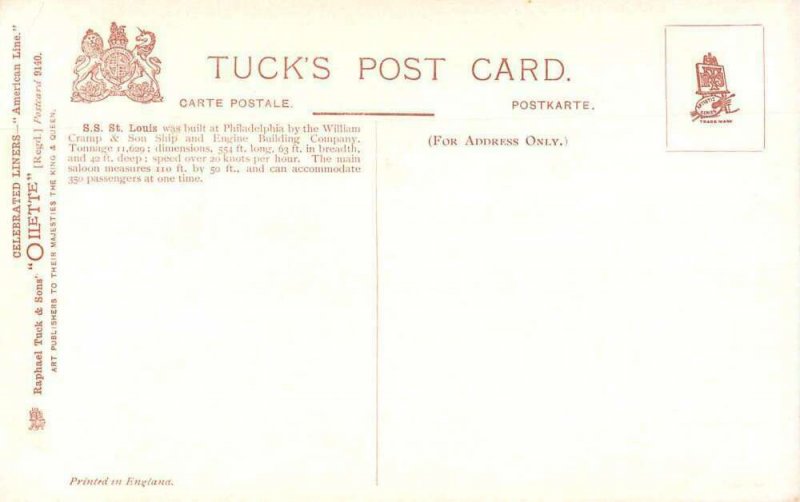 American Line Steamer SS St Louis Tuck Vintage Postcard AA44336