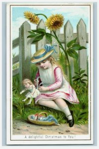 1880s-90s Victorian Christmas Card Poem Adorable Girl & Doll Fab! P215